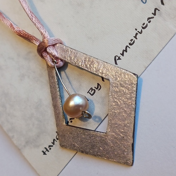 Necklace Vintage Hand Crafted Enamel Copper Genuine Pearl Pink #eshopchicago - Picture 4 of 6